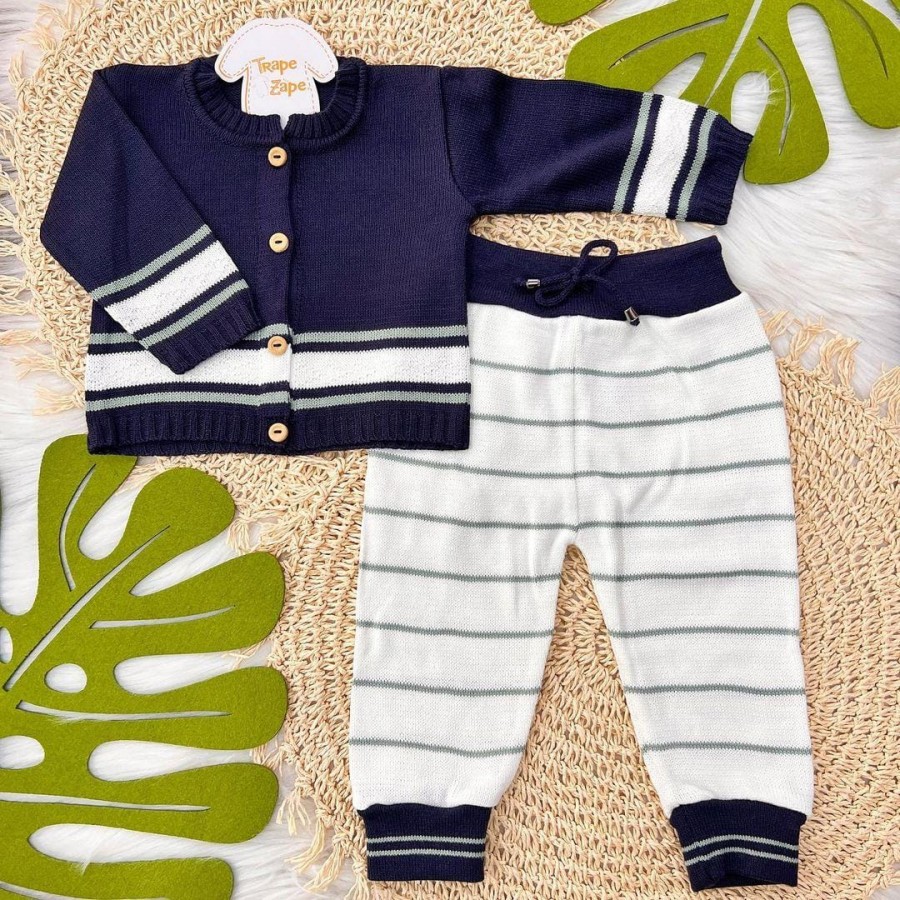 Conj de Linha Marinho Listrinha - Verde e Branco Calça Listrada 